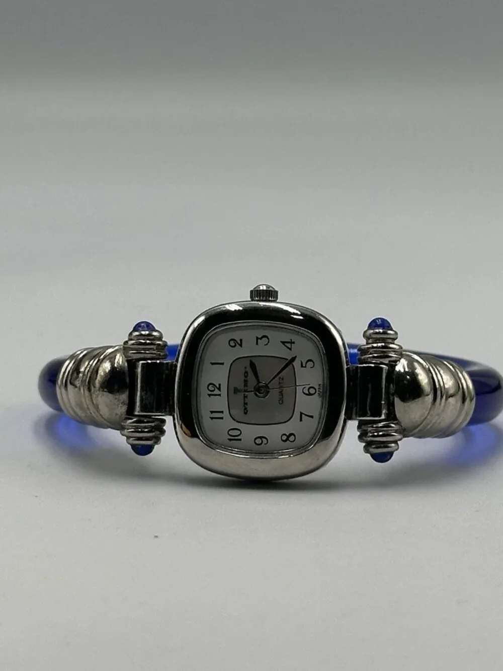 Ottimo Watch Women Silver Tonel Blue Transluscent Cuff Band New Battery